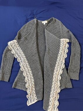 Cloud Chaser Gray Crochet Cardigan with Cream Lace Trim
